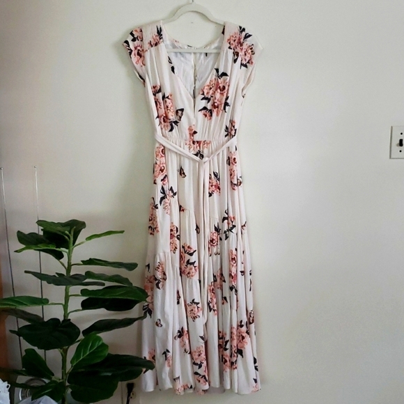 Free people floral cream pink boho midi maxi dress waist tie, button up … - Picture 2 of 11